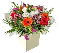 Bright Radiant Sunset Bouquet - Festive Fresh Flowers, Birthday Celebrations, Anniversaries, Autumn Floral Occasions. Roses -Warm Orange Gerbera, Lisianthus, Thank You, Christmas