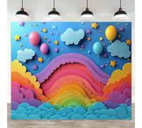 Bright rainbow balloon and cloud backdrop fabric - whimsical design with soft stars in the sky and colorful clouds 250x180CM