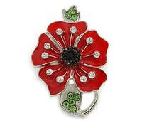 Bright Red Enamel Clear/Green Crystal Poppy Brooch In Silver Tone Metal - 50mm Long