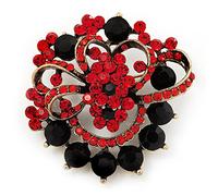 Bright Red & Jet-Black Diamante Corsage Brooch (Antique Gold Tone)