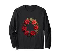 Bright Red Poinsettia and Greenery Circle Long Sleeve T-Shirt