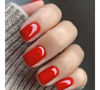 Bright Red Square Press On Nails With Mirror Shine - Multiple Sizes, Reusable Soft Gel False Nails For Women, Short Square Oval Shape, Easy Snap Fit Gel Adhesive Tabs For Daily Wear And Party Fashion