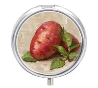 Bright Red Sweet Potato Pill Box - 3 Compartment Travel Pill Organizer with Small Mirror, Portable Pillcase for Pocket & Purse, Cute Round Medicine Case, Weekly Medicine Container