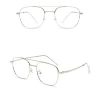 (Bright Silver Frame, Anti Blue Light) Metal Double Beam Myopia Glasses Ultra Light Frame Anti Eyestrain Headaches Glasses For Working Office Business