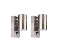 Bright Source 2X GU10 Outdoor Wall Spot Downlight Fitting, PIR Motion Sensor, Silver, Stainless Steel Construction, IP44 Rated, Modern Home Porch Light