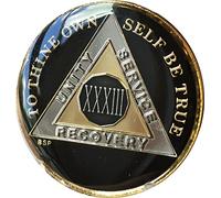 Bright Star Press 33 Year Classic Black AA Alcoholics Anonymous Medallion Chip Tri Plate Gold & Nickel Plated Serenity Prayer