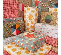 Bright Stem Recyclable Gift Wrapping Paper (6) Eco Mixed Sheets (folded) Vintage Style Geometric Patterns and Tags, Made in the UK