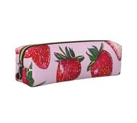 Bright Strawberries Printed Leather Pencil Case Cute Stationery Organizer Simple Makeup Bag Pen Pouch, Gold Zipper