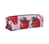 Bright Strawberries Printed Leather Pencil Case Cute Stationery Organizer Simple Makeup Bag Pen Pouch, Silver Zipper