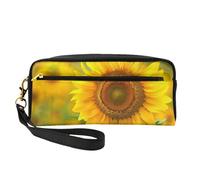 Bright Sunflower Printed Leather Makeup Bags with Wrist Strap Portable Travel Toiletry Bag Cosmetic Organizer Bag for Women