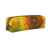 Bright Sunflower Printed Leather Pencil Case Cute Stationery Organizer Simple Makeup Bag Pen Pouch, Silver Zipper