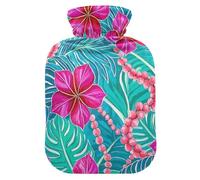 Bright Tropical Leaf Flower Blue Magenta Water Bottle for hot Water with Soft Cover, 2L hot Compress for Hot and Cold Therapies, Period Cramps