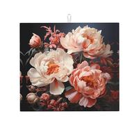 Bright White Peonies Drying Mat for Kitchen.Made of 100% Polyester,Highly Absorbent, Non-Slip, Printed,Easy to fold and Store.