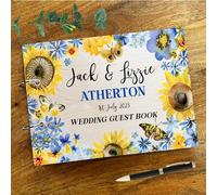 Bright Yellow Blue Sunflowers Butterflies Message Keepsake Wedding Guest Book | Personalised Wedding Guest Book | Message Book | Keepsake Book | Wooden Guest Book | Memory Book