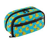 Bright Yellow Duck Blue Pencil Case , Clear PVC Panels, Divided Storage | Water-resistant polyester and PVC, double zipper closure, clear front and back, elastic pen loops, divider insert