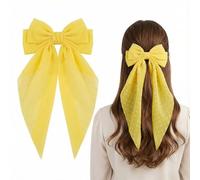 Bright Yellow Polka Dot Long Ribbon Hair Bow Clip for Women & Girls - Elegant Oversized Hair Barrettes with Flowing Tails, Premium Accessories for School, Party, or Daily Wear (Yellow)