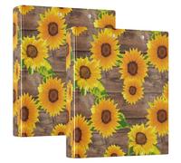 Bright Yellow Sunflowers Brown 1.5 Inch 3 Ring Binders Decorative Cute Three Ring Binder with 3 Interior Pockets Durable Basic Binders for School Supplies, 2 Pack