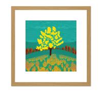 Bright Yellow Tree On Turquoise Hill Modern Autumn Illustration Square Wooden Framed Wall Art Print Picture 8X8 Inch Artery8 Light Oak One Size