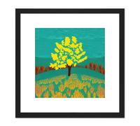 Bright Yellow Tree On Turquoise Hill Modern Autumn Illustration Square Wooden Framed Wall Art Print Picture 8X8 Inch Artery8 Black One Size