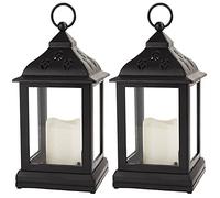 Bright Zeal 2-Pack 9.5" Vintage Decorative Candle Lantern with LED Flickering Flameless Candle (Black, 8hr Timer) - Indoor Hanging Lanterns Decorative Lanterns Battery Powered LED Candle Timer Candle
