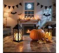 Bright Zeal Set of 2 34cm BlackGold Decorative Candle Lanterns Glass Panels &Timer in Black Bright Zeal Black