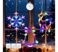 BrightArk Christmas Decorations Window Lights, 3 Pack Reindeer, Snowflake, Jingle Bell Christmas Window Light with Suction Cup, Timer Function, Battery Powered(Excluded) Hanging Multicolor for Xmas