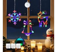 BrightArk Christmas Window Lights, 3 Pack Christmas Reindeer, Snowflake, Jingle Bell Window Hanging Lights with Suction Cup, Timer Function, Battery Powered(Excluded) for Xmas Decoration