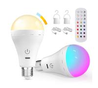 BrightArk E27 Rechargeable Led Light Bulbs with Remote, 15 Colors Dimmable E27 Battery Operated Light Bulb with Timer, Emergency Rechargeable Light Bulbs, Up to 35 Hours, 2 Packs