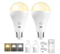 BrightArk E27 Rechargeable Led Light Bulbs with Remote, 3 Colors Dimmable E27 Battery Operated Light Bulb with Timer, Emergency Rechargeable Light Bulbs, Up to 35 Hours, 2 Packs