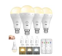 BrightArk Rechargeable Light Bulbs with Remote B22, 3-Color & Stepless Dimmable with Timer, USB Rechargeable Battery Light Bulb, Up to 35H, Emergency LED for Power Cuts, Camping, Indoor, A70, 4-Pack