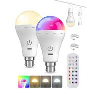 BrightArk RGB Rechargeable Light Bulb with Remote, 3 Color + RGB USB Rechargeable Bulb B22, Dimmable Emergency Battery Light Bulb with Timer and Touch for Home, Party, Camping, Up to 24H, A70, 2PK