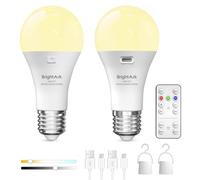 BrightArk USB Rechargeable Light Bulb E27 with Remote Control, Dimmable LED Rechargeable Battery Light Bulbs 3 Color Temperatures with Timing Function for Emergency Lighting (2 Pack)