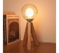 BrightArk Wood Bedside Table Lamp Dimmable with Globe Glass Lampshade, Tripod Lamps for Living Room with G9 LED Bulb Warm White 2200K, Table Lamps for Bedroom Night Light