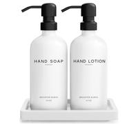 Brighter Barns White Glass Soap & Lotion Dispenser Set with Tray - Stainless Steel Pump for Home or Vacation Rental - Bathroom Accessories & Decor