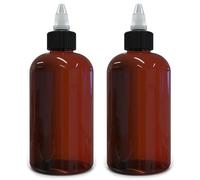 Twist Top Applicator Bottles, 8 OZ Amber, Squeeze Empty Round Plastic Bottles, BPA-Free, PET, Refillable, Open/Close Nozzle (Black) - Multi Purpose (Pack of 2)