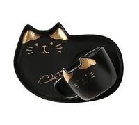 BRIGHTFUFU 1 Set Black Ceramic Cat Design Coffee Mug and Saucer Cute Drink Cup for Home Office Ideal for Tea Milk and Snacks