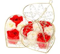 BRIGHTFUFU 2pcs Rose Scented Soap Flower Set with 6 Red and White Rose Petals in Iron Basket, Floral Gift for Women Valentine’s Day, Birthday, Bath and Home Fragrance Decor