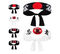 BRIGHTFUFU 6Pcs Japanese Ninja Headband Set for Samurai Cosplay and Karate, Wide Cotton Hachimaki Headbands in Black, White, and Black Dragon for Costume and Chef Use