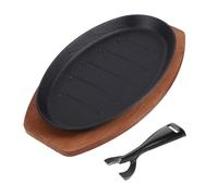 BRIGHTFUFU Cast Iron Sizzling Steak Plate 12-Inch Rectangular Grill Pan with Red Base and Iron Fork, Teppanyaki Hot Plate for Indoor BBQ and Family Grilled Meat Serving