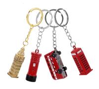 BRIGHTFUFU England Style Vintage Alloy Keychain Set 4pcs - Red Double Layer Bus, Big Ben, Telephone Booth, Mailbox Pendant for Souvenir and Home Decoration