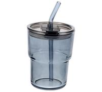 BRIGHTFUFU Glass Coffee Cup with Straw and Leakproof Lid, 450ml Iced Coffee Travel Mug in Smoke Grey, Reusable Glass Tea Tumbler for Office and Outdoor Use