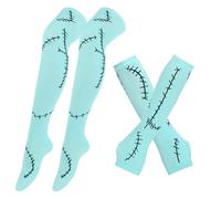BrightGlow Women's Halloween Scars Arm Sleeves and Thigh High Stockings Socks Halloween Costume Accessory Set Overknee Stockings Women's Gloves Arm Warmers Costume Stockings, blue, One size