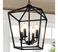 BrightHome Farm Chandelier 4 Lights, Black Pendant Lamp for Kitchen, Island, Dining Room, Lantern, Industrial Lighting, Suspended Ceiling with Metal Cage, Height Adjustable for E Hall