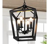 BrightHome Farmhouse Chandelier 4-Light, Black Pendant Light Fixture Ceiling Hanging for Kitchen Island Dining Room, Lantern Industrial Lighting with Metal Cage Adjustable Height for Entryway Foyer