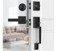 Brightify Black Front Door Handle, Matte Black Exterior Door Handle with Door Lever, Modern Front Door Lock Set, Adjustable Deadbolt with Single Cylinder, Reversible for Right&Left