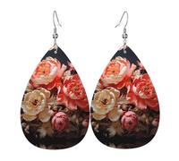 Brightly colored peonies Printed Leather Earrings - Lightweight Teardrop Earrings Perfect for Christmas, Valentine's Day Gifts