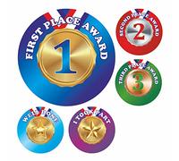 Brightly Coloured Sports Day Medal Design Reward Stickers - 35mm Personalised School Stickers - 5 Designs (1st, 2nd, 3rd & Participation) - Eco-Friendly - UK Printed on Recycled Paper