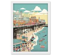 Brighton Beach Pier and Sandy Summer Scene Artwork Framed Wall Art Print A4 Artery8 White One Size