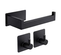 BrightOn Matte Black Toilet Paper Holder Set with 2 Wall Hooks - No-Drill Bathroom Accessories - Premium Stainless Steel - Strong 3M Adhesive - Modern Minimalist Toilet Roll Holder for Bathroom & WC