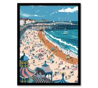 Brighton Pier Beach Holiday Colourful Painting Framed Art Print Artery8 Blue W12 inch x H16 inch